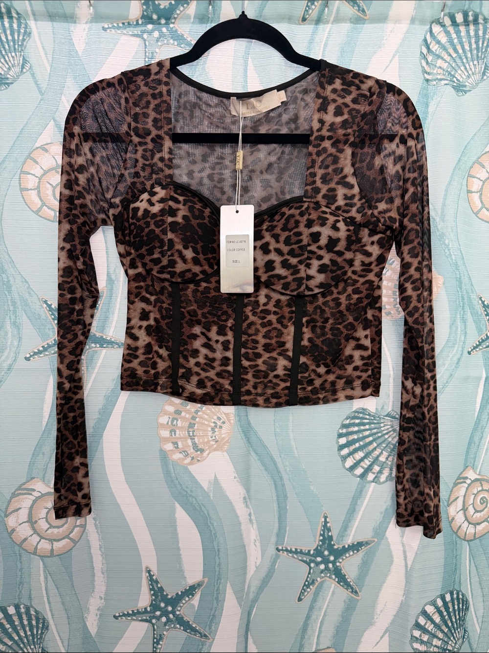 Leopard Sheer Long-Sleeve Bustier Top - Brown